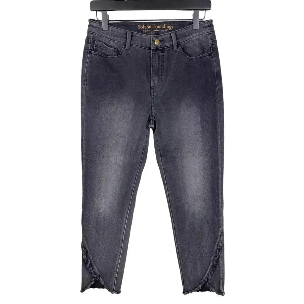 Soft Surroundings Boyfriend jeans Faded Black Assymmetrical raw hems size 14